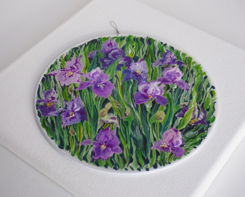 Hand painted silk painting with flowers, purple iris, round painting with flowers, home gift image 1