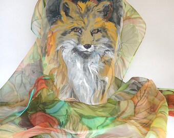 Etole mousseline de soie peint main motif renard roux, foulard renard, écharpe orange et verte, cadeau anniversaire femme