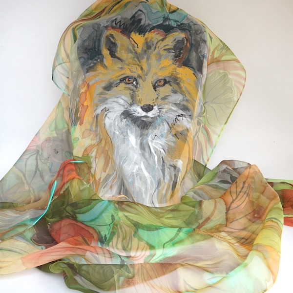 Etole mousseline de soie peint main motif renard roux, foulard renard, écharpe orange et verte, cadeau anniversaire femme