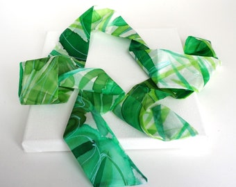 Silk ribbon bracelet /neck scarf women/ headband scarf / hand painted silk / bag accessory / green bracelet/ woman gift