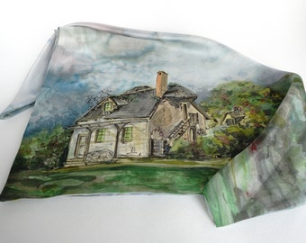 Hand painted silk scarf, green and gray silk square, small country house, autumn landscape, gift for woman