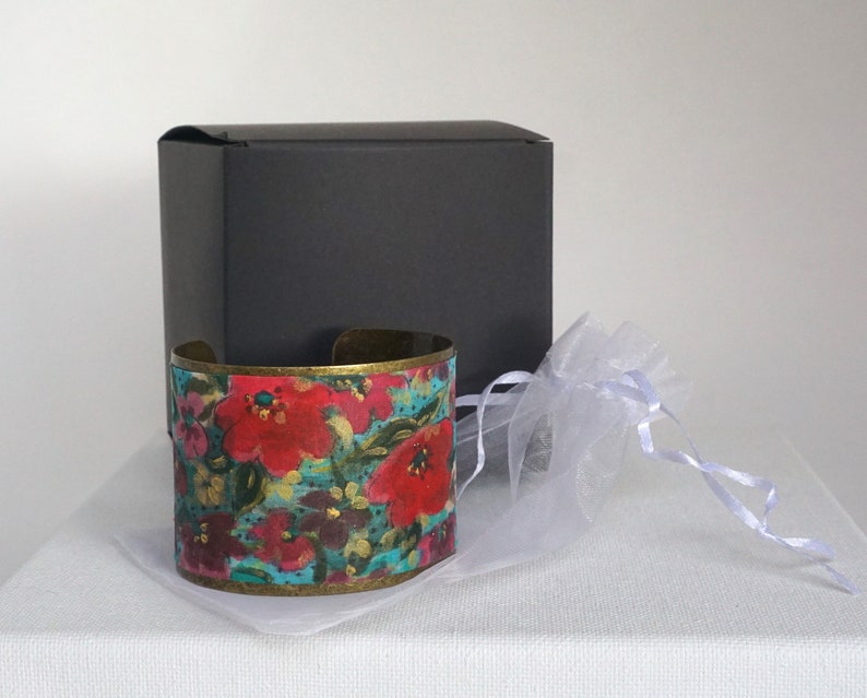 Bracelet manchette soie peint main, manchette fait main , bracelet avec fleurs, cadeau pour elle image 9