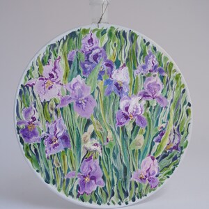 Hand painted silk painting with flowers, purple iris, round painting with flowers, home gift image 8