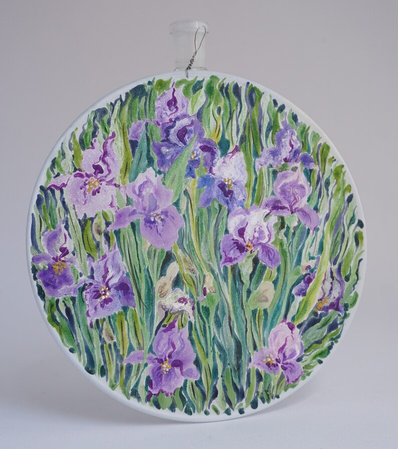 Hand painted silk painting with flowers, purple iris, round painting with flowers, home gift image 8
