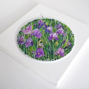 Hand painted silk painting with flowers, purple iris, round painting with flowers, home gift image 6