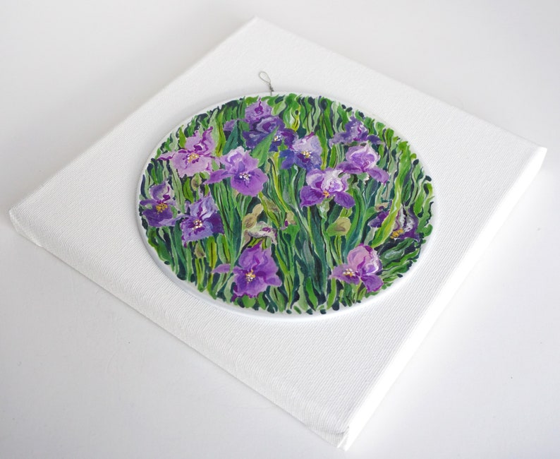 Hand painted silk painting with flowers, purple iris, round painting with flowers, home gift image 6