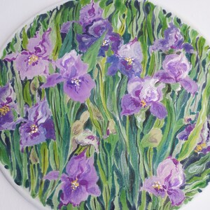 Hand painted silk painting with flowers, purple iris, round painting with flowers, home gift image 7