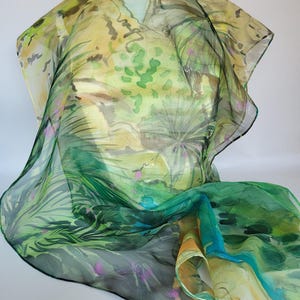 Hand-painted silk chiffon stole - Summer scarf - Green silk chiffon - Tropical landscape pattern stole - Handmade in France
