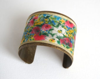 Cuff bracelet with flowers, silk bracelet, big bracelet for woman, jewellery bracelet, gift for her