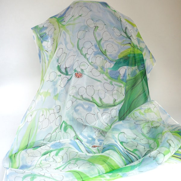 Etole mousseline soie peint main motif fleuri, muguet des bois, coccinelle, 180 x 44 cm, foulard fleuri, vert et blanc, cadeau pour elle