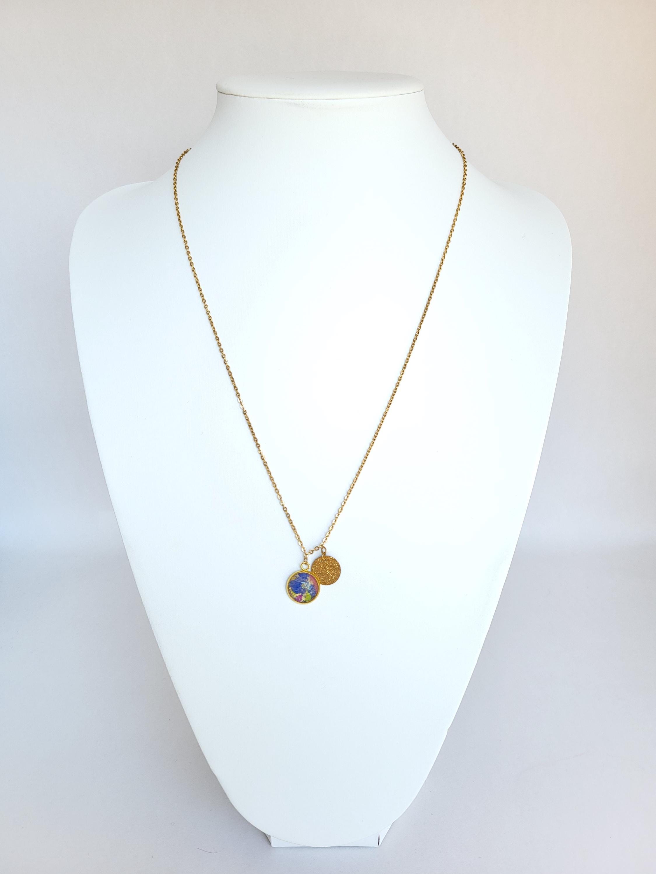 Grand Collier Sautoir Cabochon Ovale Bronze Et Rose - 56-60cm - Neuf