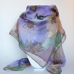 花柄シルクシフォンスカーフ - シルクフラワースクエア - 水彩画の紫色の花 - 女性へのギフト