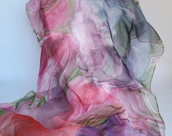 Hand-painted floral pink and red silk chiffon stole, 180 x 45 cm