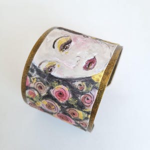 Hand-painted silk cuff bracelet - Portrait of woman - Handmade artistic jewelry - Gift for her
