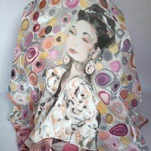 Hand-painted crepe de chine silk stole with woman motif: 180 x 45 cm, plum and gray image 1