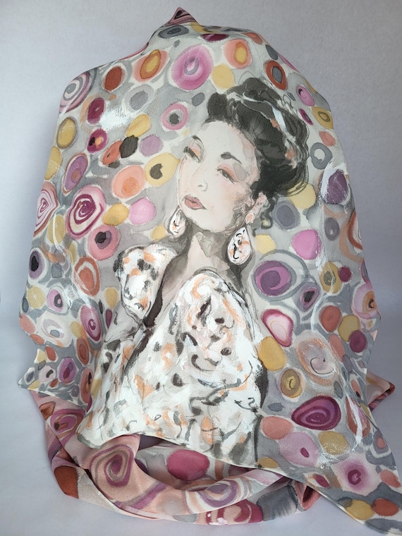 Etole en crêpe de soie peinte femme rose et grise : 180 x 45 cm