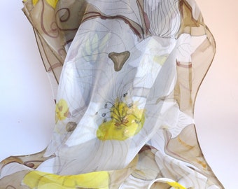 Hand painted silk stole, silk muslin scarf, white yellow flowers, gift for women, spring silk scarf