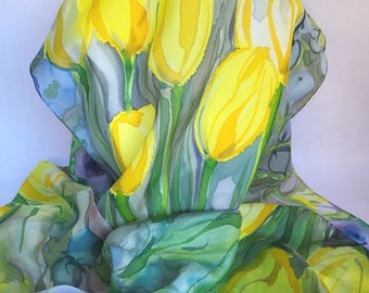 Hand-painted silk stole with floral motif: 90 x 90 cm, yellow tulip
