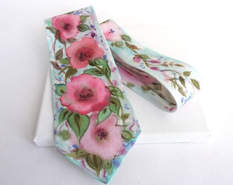 Hand-painted silk tie with floral pattern, tie for women, gift for men