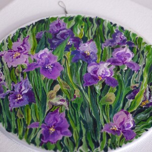 Hand painted silk painting with flowers, purple iris, round painting with flowers, home gift image 3