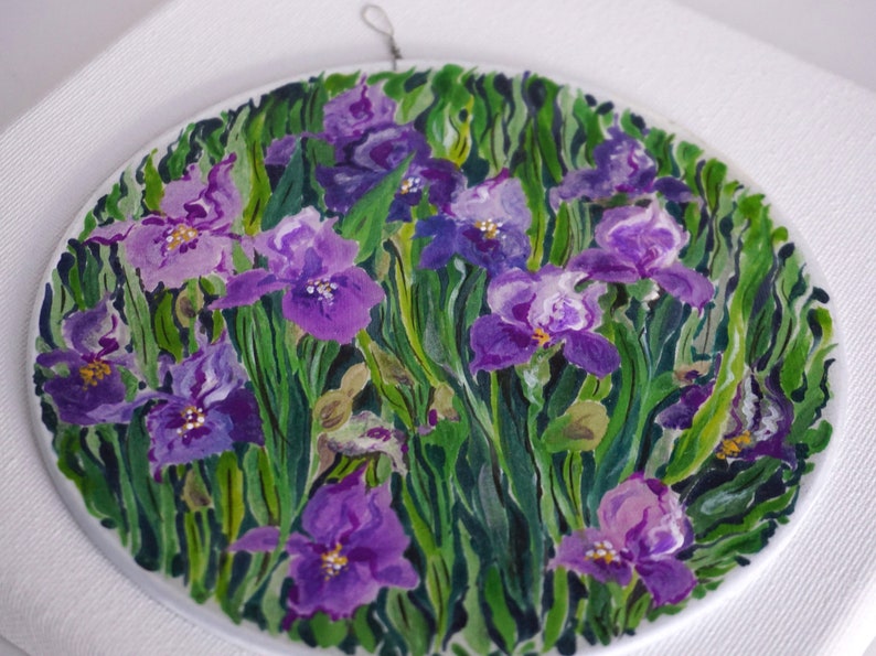 Hand painted silk painting with flowers, purple iris, round painting with flowers, home gift image 3