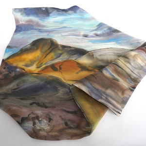 Hand-painted silk scarf with mountain landscape motif : 52 x 52 cm, multi-colored