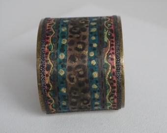 Hand painted silk cuff bracelet, blue and brown cuff bracelet, handmade jewel, wide bracelet, jewellery bracelet, woman gift