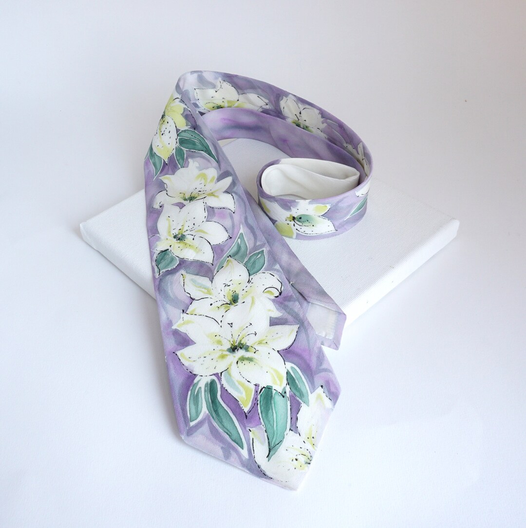 Hand Painted Silk Tie, Silk Flower Tie, White Lilies, Wedding Tie, Gift ...