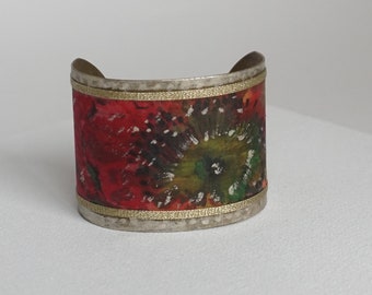 Pulsera de puño de seda pintada a mano de flor roja, pulsera boho de mujer, joyería hecha a mano, regalo para ella