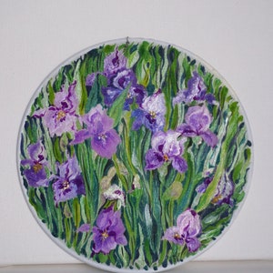 Hand painted silk painting with flowers, purple iris, round painting with flowers, home gift image 9