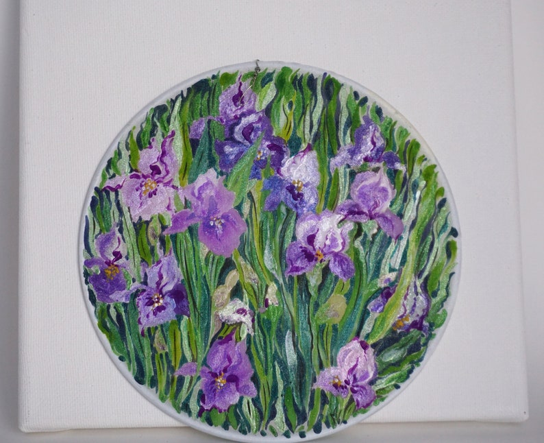 Hand painted silk painting with flowers, purple iris, round painting with flowers, home gift image 9