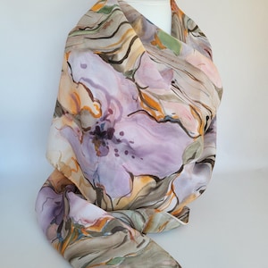 Hand painted silk stole purple iris flowers, spring silk scarf, gift for her