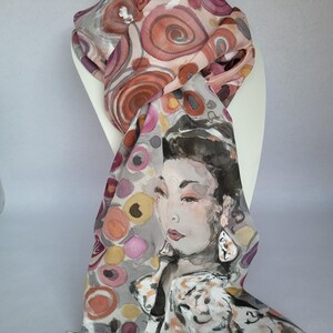 Hand-painted crepe de chine silk stole with woman motif: 180 x 45 cm, plum and gray image 7