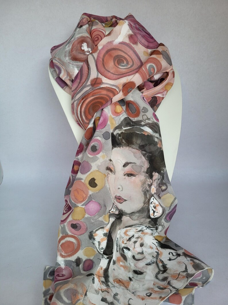 Hand-painted crepe de chine silk stole with woman motif: 180 x 45 cm, plum and gray image 7