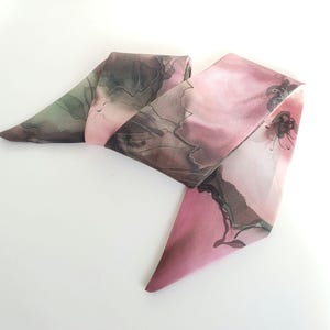 Hand painted floral silk scarf: 121 x 8 cm, soft pink, sage green, bag accessory