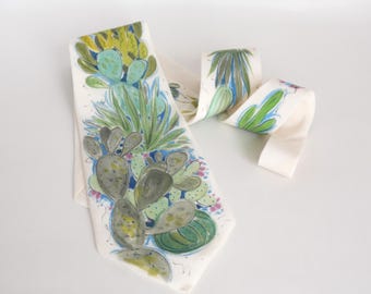 Hand-painted silk tie - Cactus pattern - Original man’s tie - Artistic cactus tie - Sage green - Gift for him
