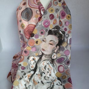 Hand-painted crepe de chine silk stole with woman motif: 180 x 45 cm, plum and gray image 6