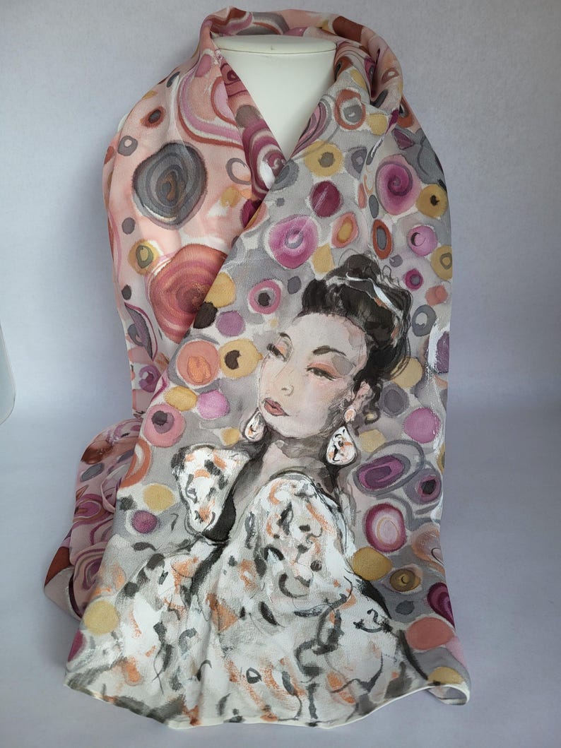 Hand-painted crepe de chine silk stole with woman motif: 180 x 45 cm, plum and gray image 6