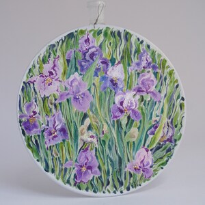Hand painted silk painting with flowers, purple iris, round painting with flowers, home gift image 5