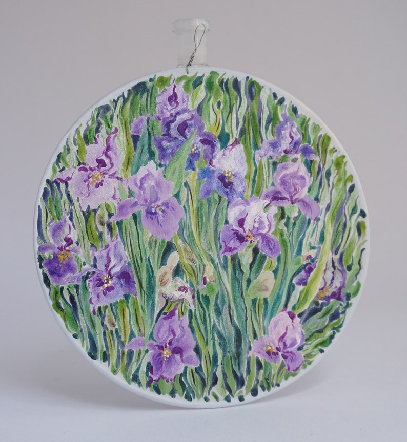 Hand painted silk painting with flowers, purple iris, round painting with flowers, home gift image 5