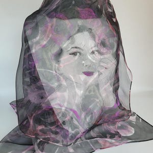 Hand painted silk scarf, muslin scarf, black white scarf, silk chiffon scarf, women gift ideas