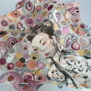 Hand-painted crepe de chine silk stole with woman motif: 180 x 45 cm, plum and gray image 5