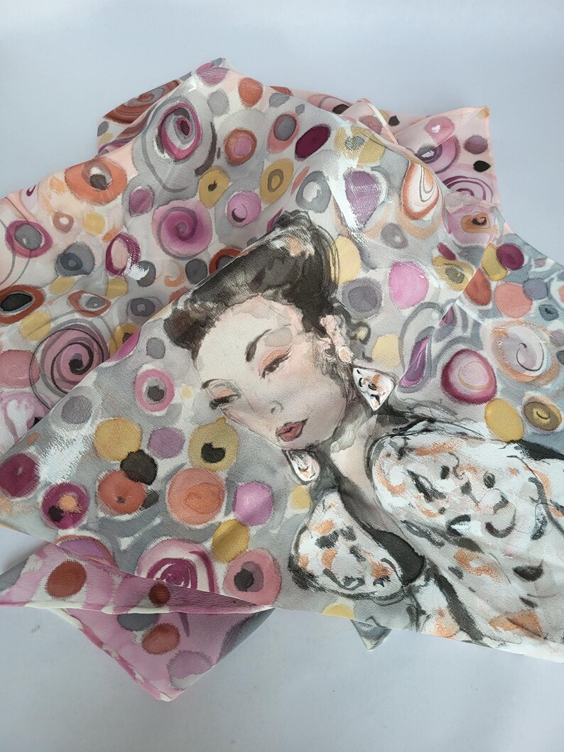Hand-painted crepe de chine silk stole with woman motif: 180 x 45 cm, plum and gray image 5