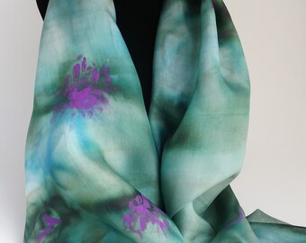 Hand painted silk scarf, purple flowers, emerald green, women silk scarf, summer silk scarf, gift for her