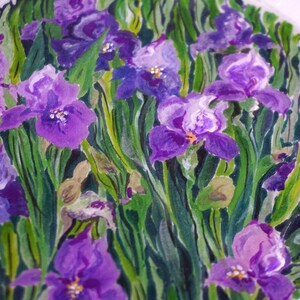 Hand painted silk painting with flowers, purple iris, round painting with flowers, home gift image 2