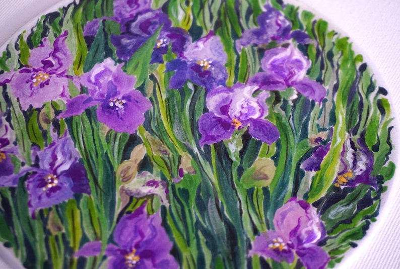 Hand painted silk painting with flowers, purple iris, round painting with flowers, home gift image 2