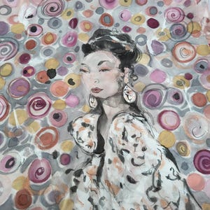Hand-painted crepe de chine silk stole with woman motif: 180 x 45 cm, plum and gray image 8
