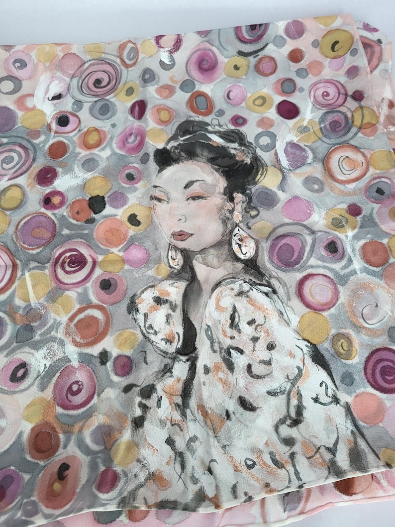 Hand-painted crepe de chine silk stole with woman motif: 180 x 45 cm, plum and gray image 8