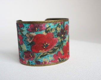 Handmade silk cuff bracelet, adjustable bracelet, red flower, birthday gift for her