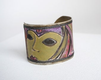 Hand painted silk cuff bracelet with carnival mask pattern, pink bracelet cuff, handmade jewelry, unique gift for her